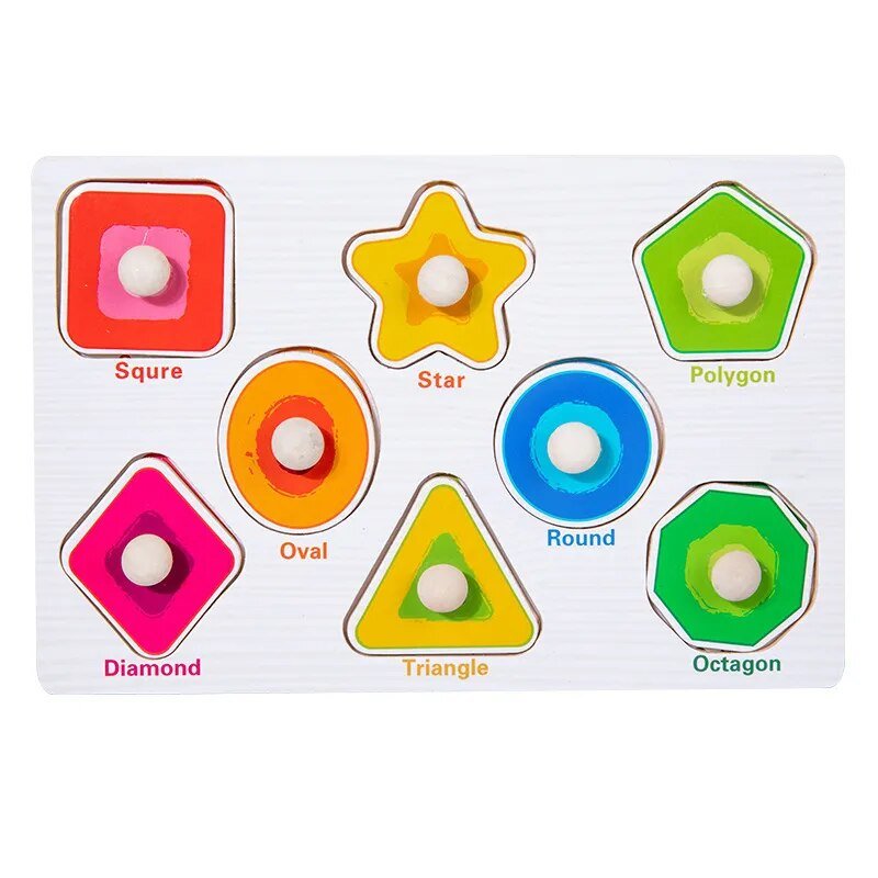 Montessori wooden shape sorting puzzle with labeled pieces for babies learning through educational play.