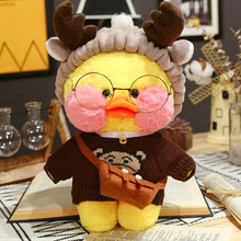 Cafe duck plush toy wearing a sweater and antler hat for festive holiday decor and gifting.