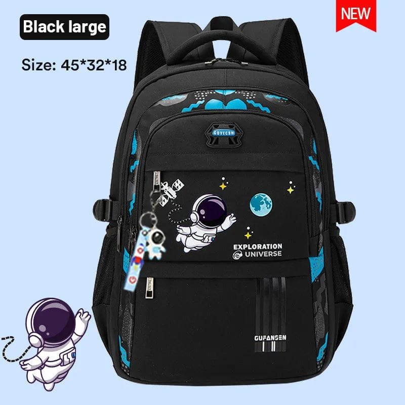 Large black kids school backpack in space design with waterproof fabric for daily lessons and trips.