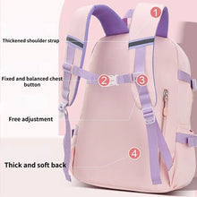 Large capacity 55L girls school backpack with padded purple straps and support features for comfortable daily carrying.