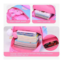 Large capacity orthopedic school backpack packed with books and stationery, showing everyday classroom storage space.