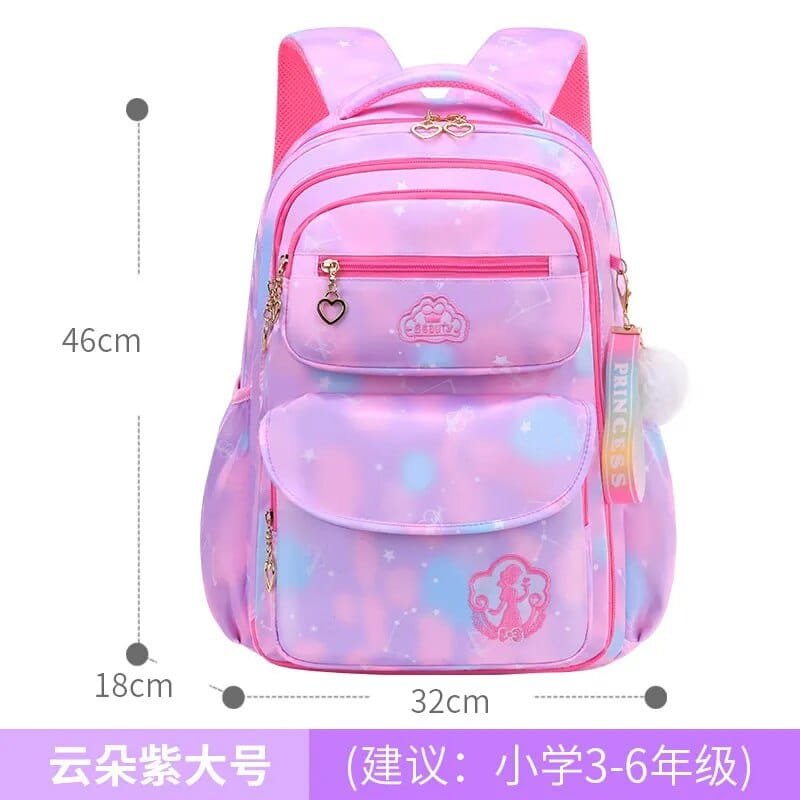 Purple and pink large capacity orthopedic school backpack for girls storing books, folders, and lunch boxes.