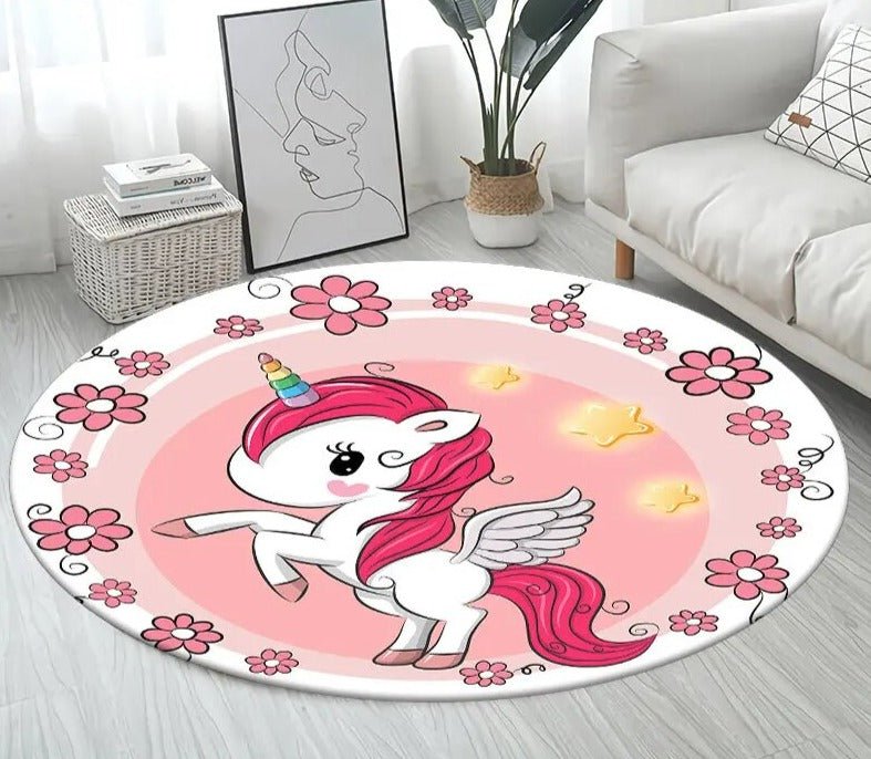 Large kids round unicorn 3D mat placed on a wooden floor to create a comfortable play corner at home.