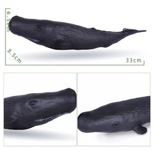 Large Soft Rubber Sea Life Figure black whale model shown with measurements for play.