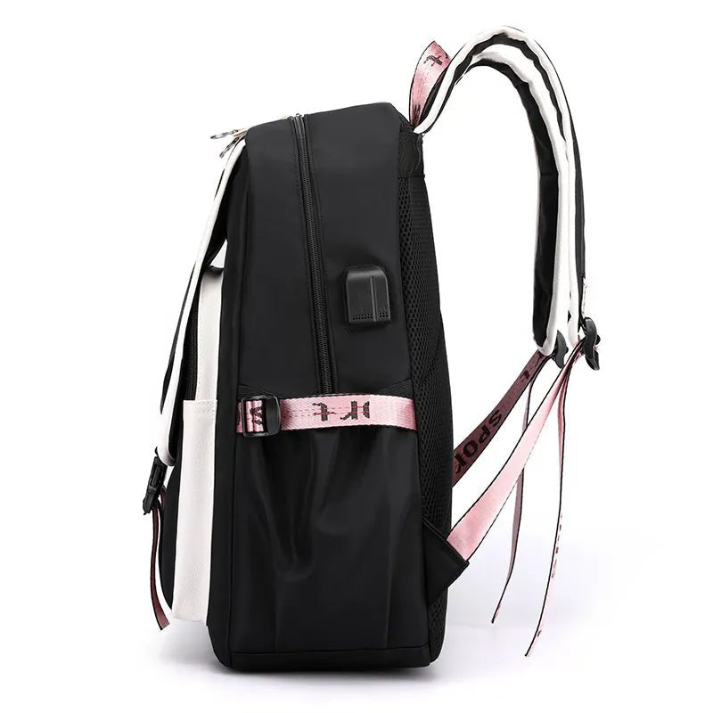 Large USB Canvas Backpack side view showing the black design with pink accents for school use.
