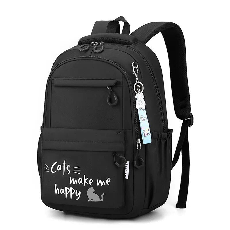 Black backpack with 'Cats make me happy' text and a cat illustration.