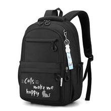 Black backpack with 'Cats make me happy' text and a cat illustration. (option 2)