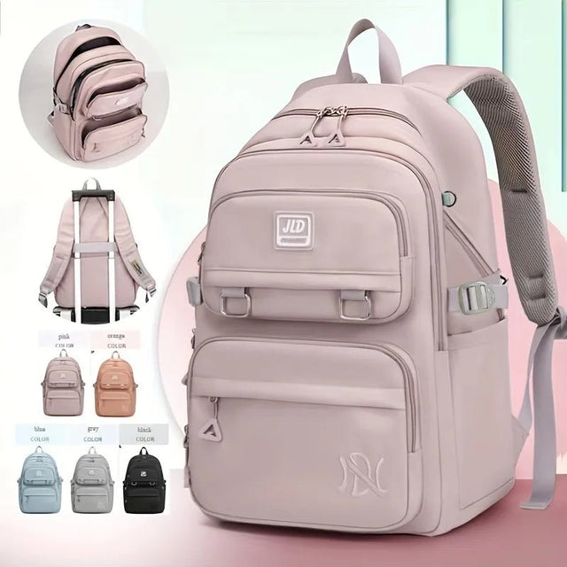 Pink backpack with multiple color options displayed.