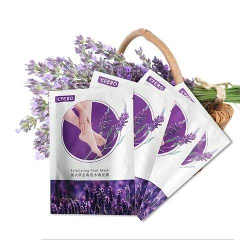 Lavender Foot Mask exfoliating socks pair for removing dead skin and softening rough heels at home.