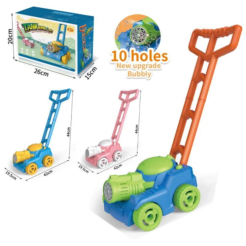 Lawn mower bubble machine size and packaging details for gifting and outdoor play storage.