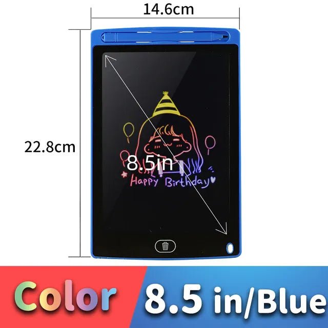 8.5-inch blue digital drawing tablet with dimensions and a sample drawing on screen.