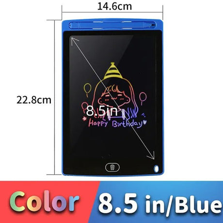 8.5-inch blue digital drawing tablet with dimensions and a sample drawing on screen.