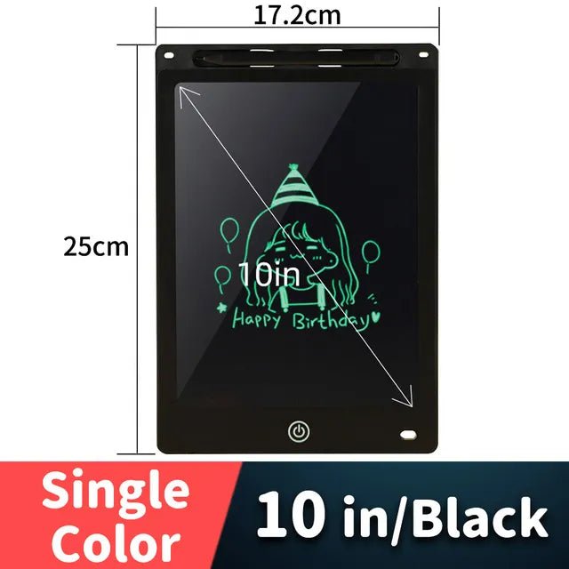 10-inch black digital tablet with a drawing on the screen, showing dimensions and color information.