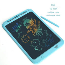 12-inch blue electronic drawing tablet with colorful drawings.