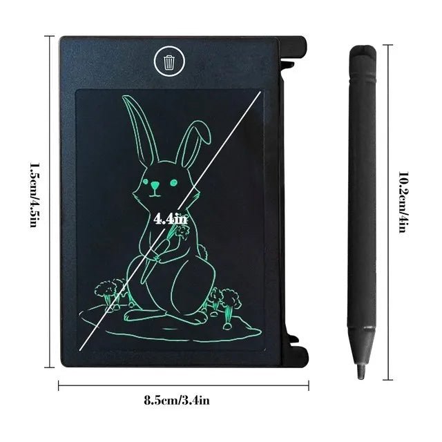 Small electronic tablet with stylus, displaying a rabbit illustration, with dimensions indicated.