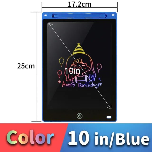10-inch blue electronic drawing tablet with measurements and a sample drawing 