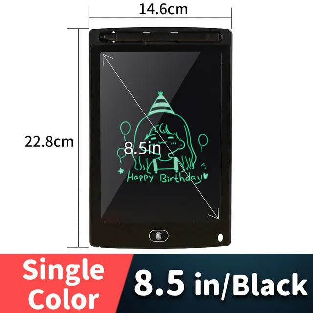8.5-inch black digital drawing tablet with measurements and a sample drawing