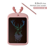 Pink electronic doodle board with deer illustration and a pen.