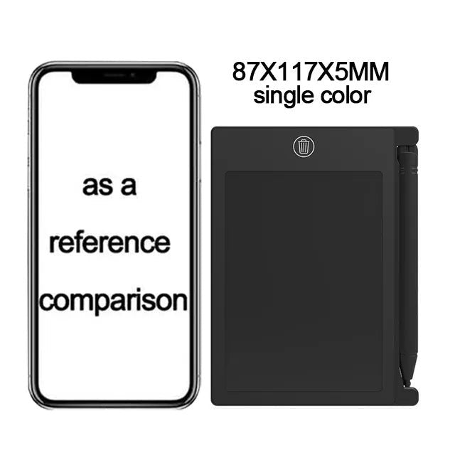 LCD Writing Tablet black casing compact sketchpad with dimensions for portable kids play.
