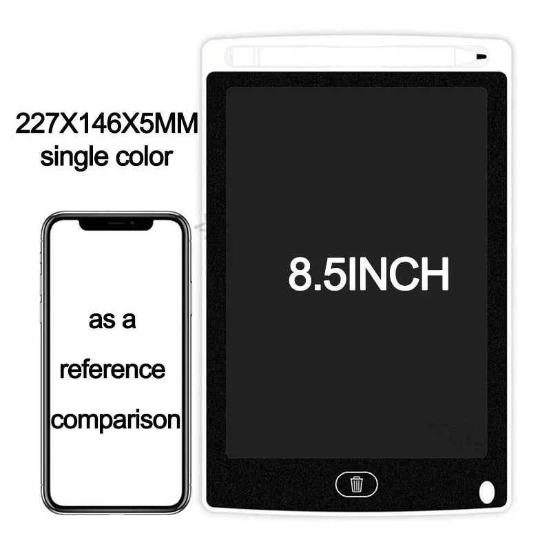 LCD Writing Tablet black screen dimensions chart for comparing sketchpad sizes before buying.
