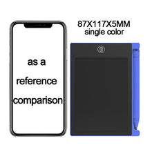 LCD Writing Tablet blue casing sketchpad shown beside a smartphone for size comparison.