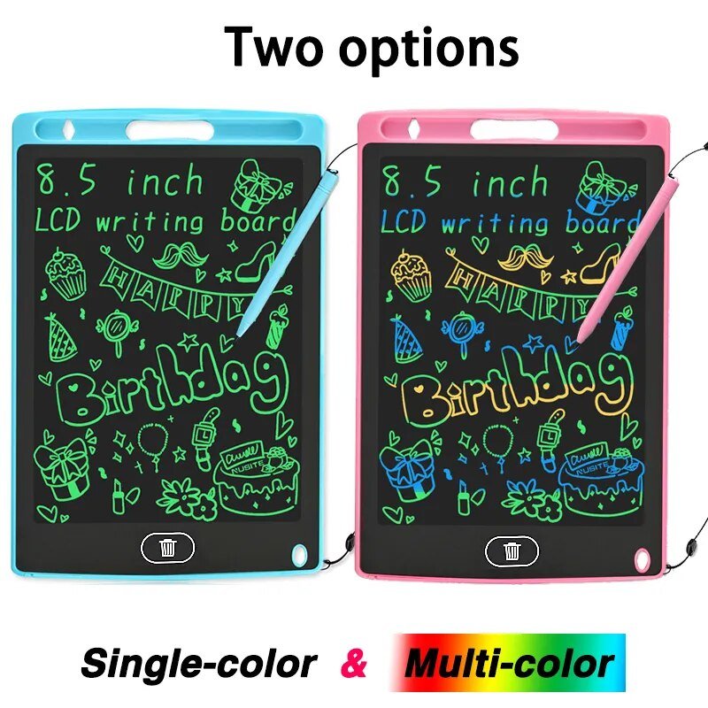 8.5 inch LCD Writing Tablet in blue and pink for kids drawing, spelling practice, and mess-free creative time.