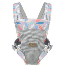 Leaf print portable baby carrier adjustable from newborn to toddler for daily walks, travel, and household tasks.