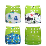Four colorful baby diapers with different patterns