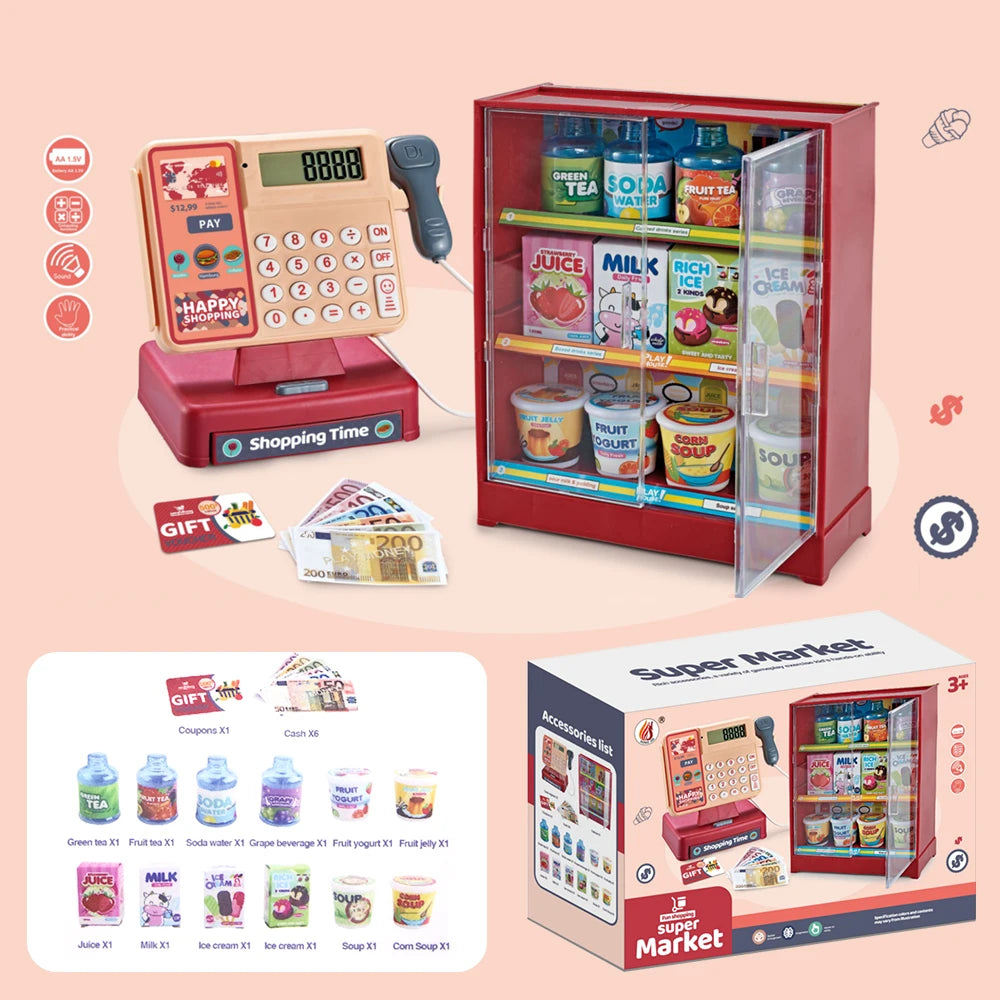 Toy supermarket set with refrigerator, cash register, and products.