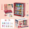 Toy supermarket set with refrigerator, cash register, and products.