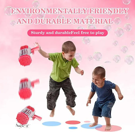 Two children playing with bubble guns on a pink background with text about environmentally friendly and durable materials.