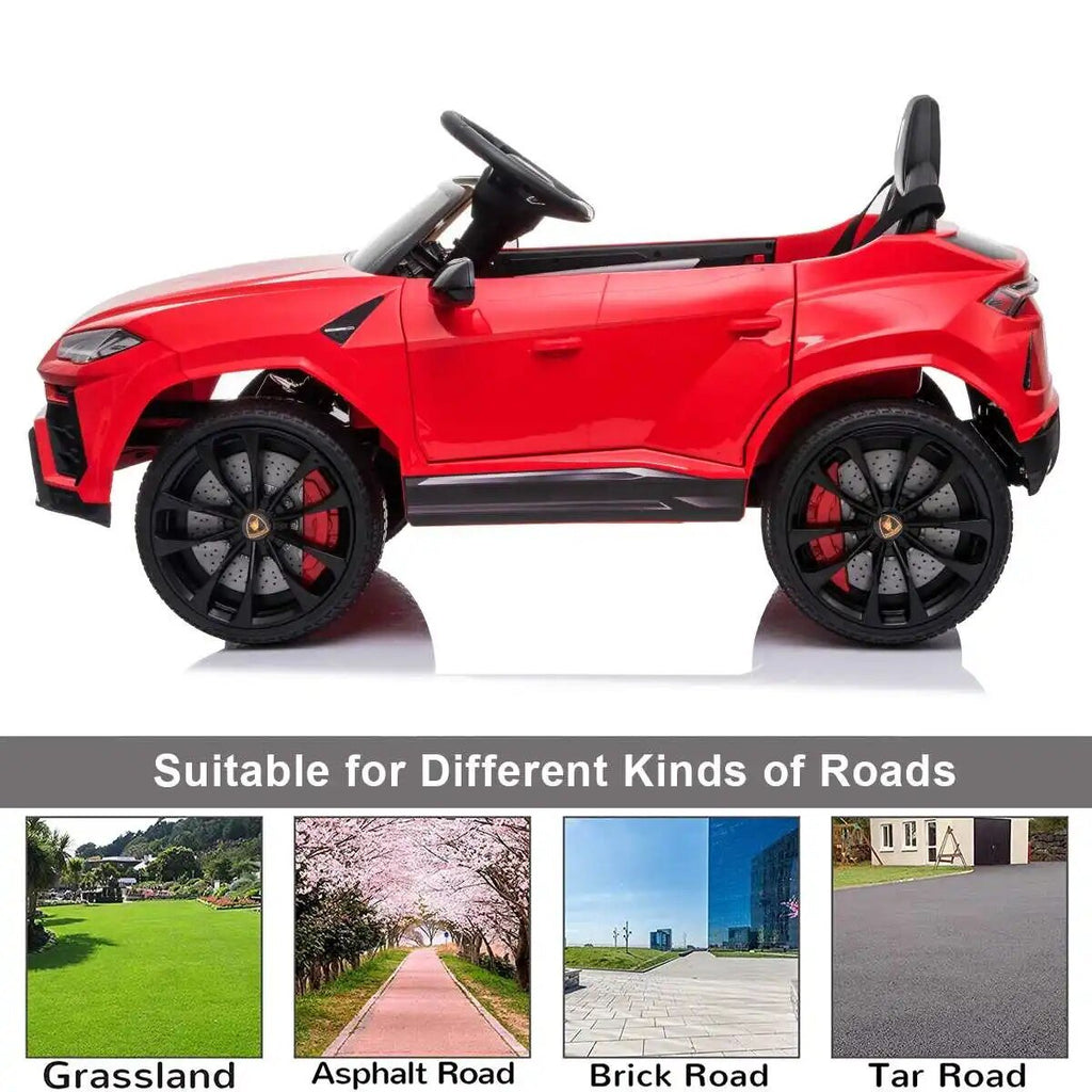 Red toy car with black wheels on a white background, suitable for different kinds of roads.