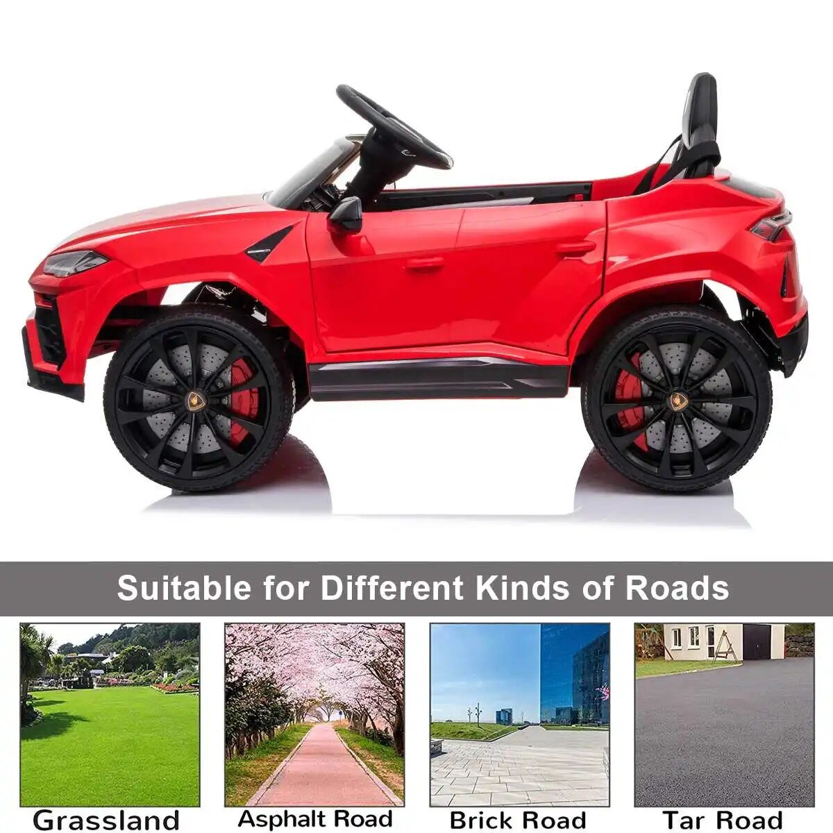 Red toy car with black wheels on a white background, suitable for different kinds of roads.