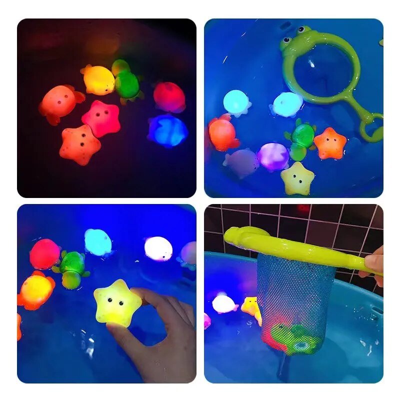 LED Light-Up Bath Toy set with net and magnifying glass for interactive water play.