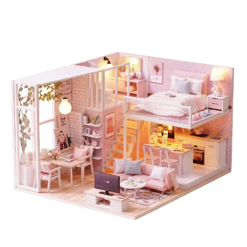 LED-lit wooden miniature dollhouse model with furniture illuminated for evening nursery display.