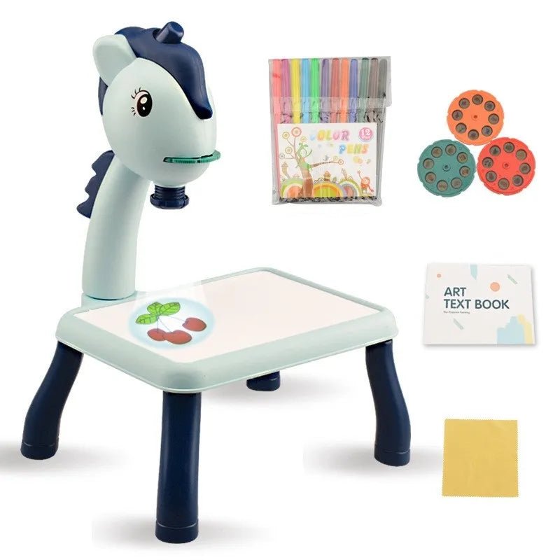LED Projector Kids Art Desk with horse design, paper, and markers for drawing fun.