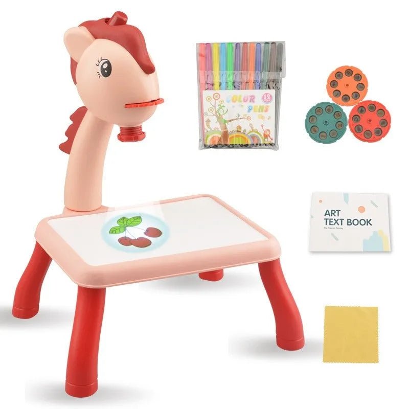 LED Projector Kids Art Desk shaped like a horse with supplies for creative play.