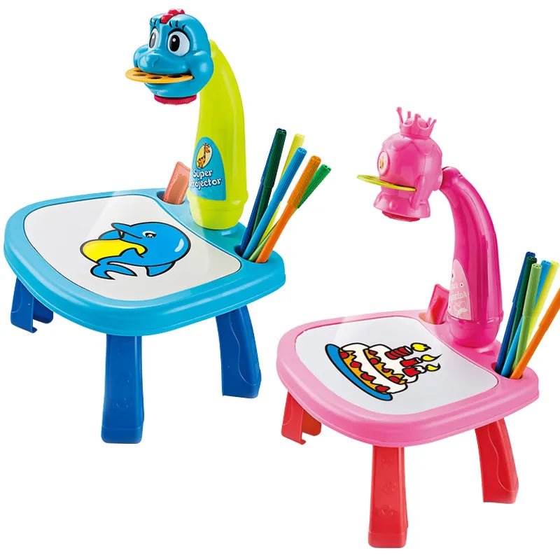 LED Projector Kids Art Table with duck and pig cartoon designs for creative drawing.
