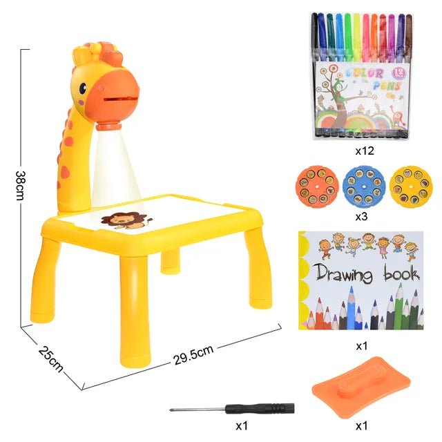 LED Projector Kids Art Table giraffe design with coloring pens and drawing book.