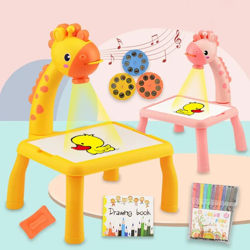 LED Projector Kids Art Table with giraffe design and chairs for drawing and tracing.