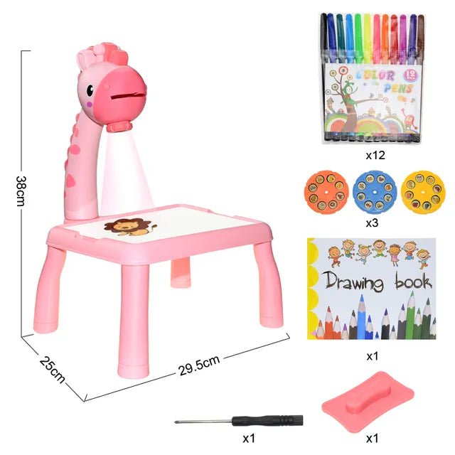 LED Projector Kids Art Table pink chair with color pens and drawing book accessories.