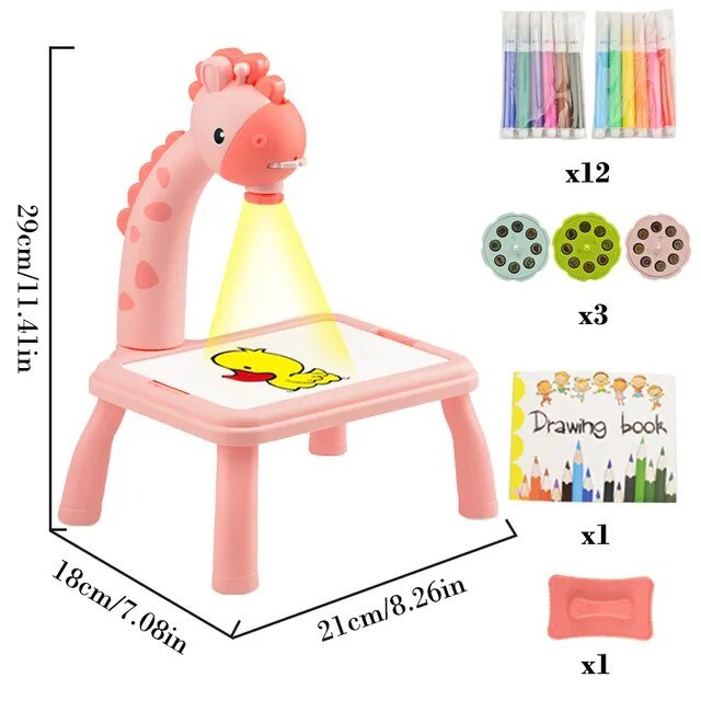 LED Projector Kids Art Table pink dinosaur design portable for travel play.