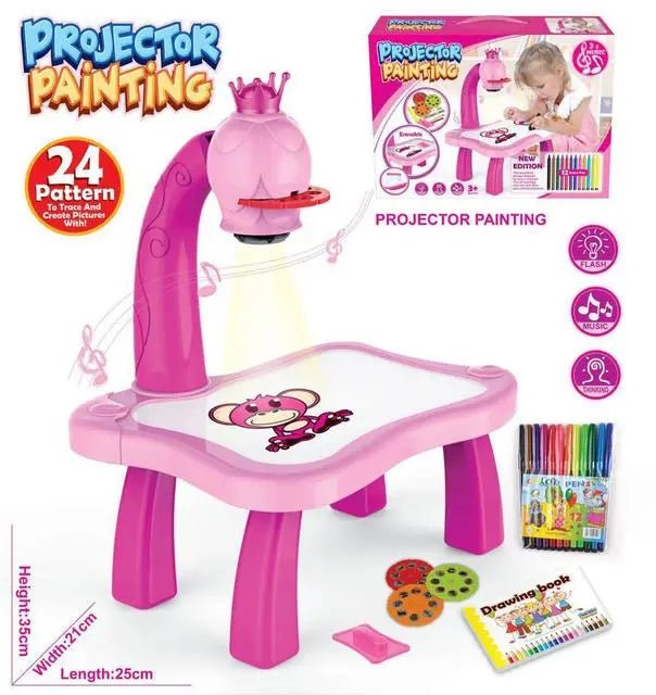 LED Projector Kids Art Table pink shadow trace board for learning to draw.