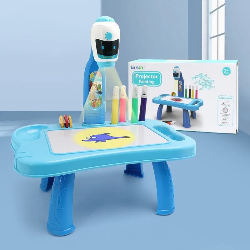 LED Projector Kids Art Table with robot design and markers for creative sketching.