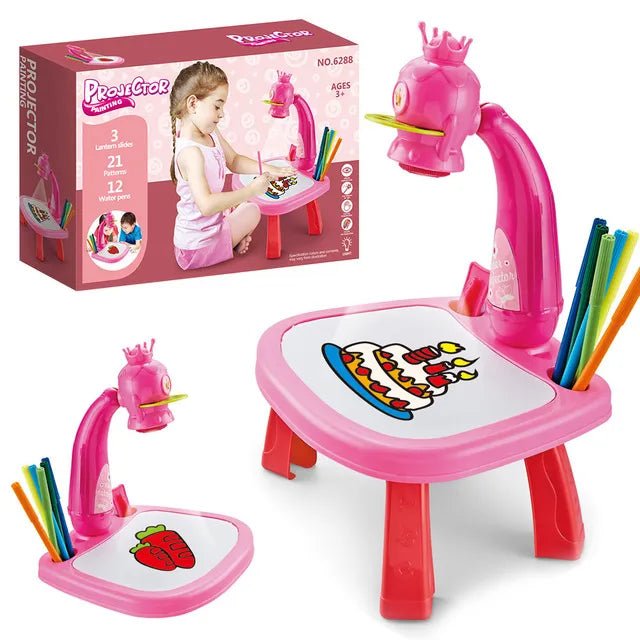 LED Projector Kids Drawing Desk in pink, a creative workbench for art play.