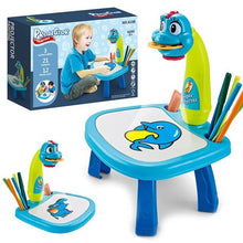 LED Projector Kids Drawing Set with table, coloring tools, and retail packaging shown.