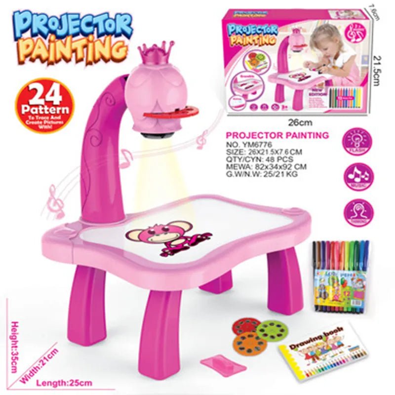 LED Projector Painting Toy in pink with accessories for gifting and play.