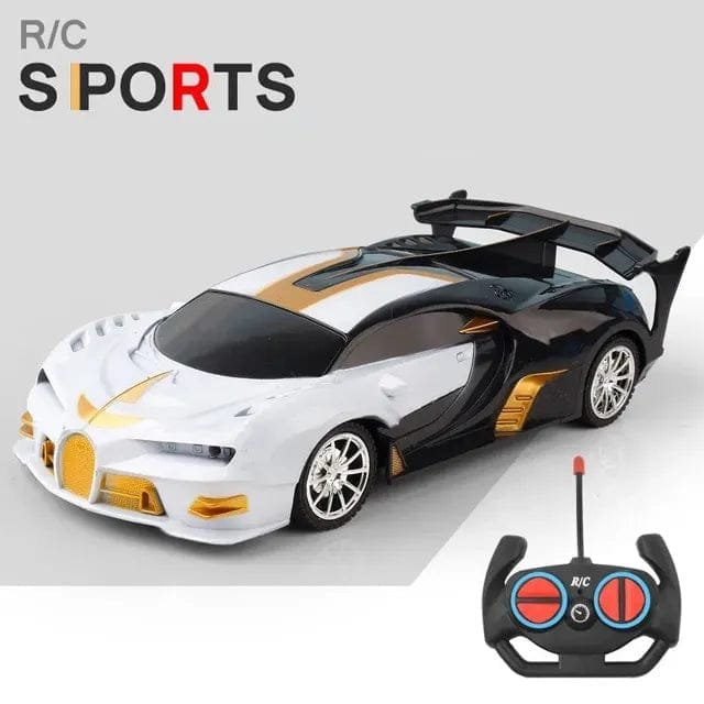 LED RC drift sports car with remote for smooth-floor drifting and indoor racing challenges.