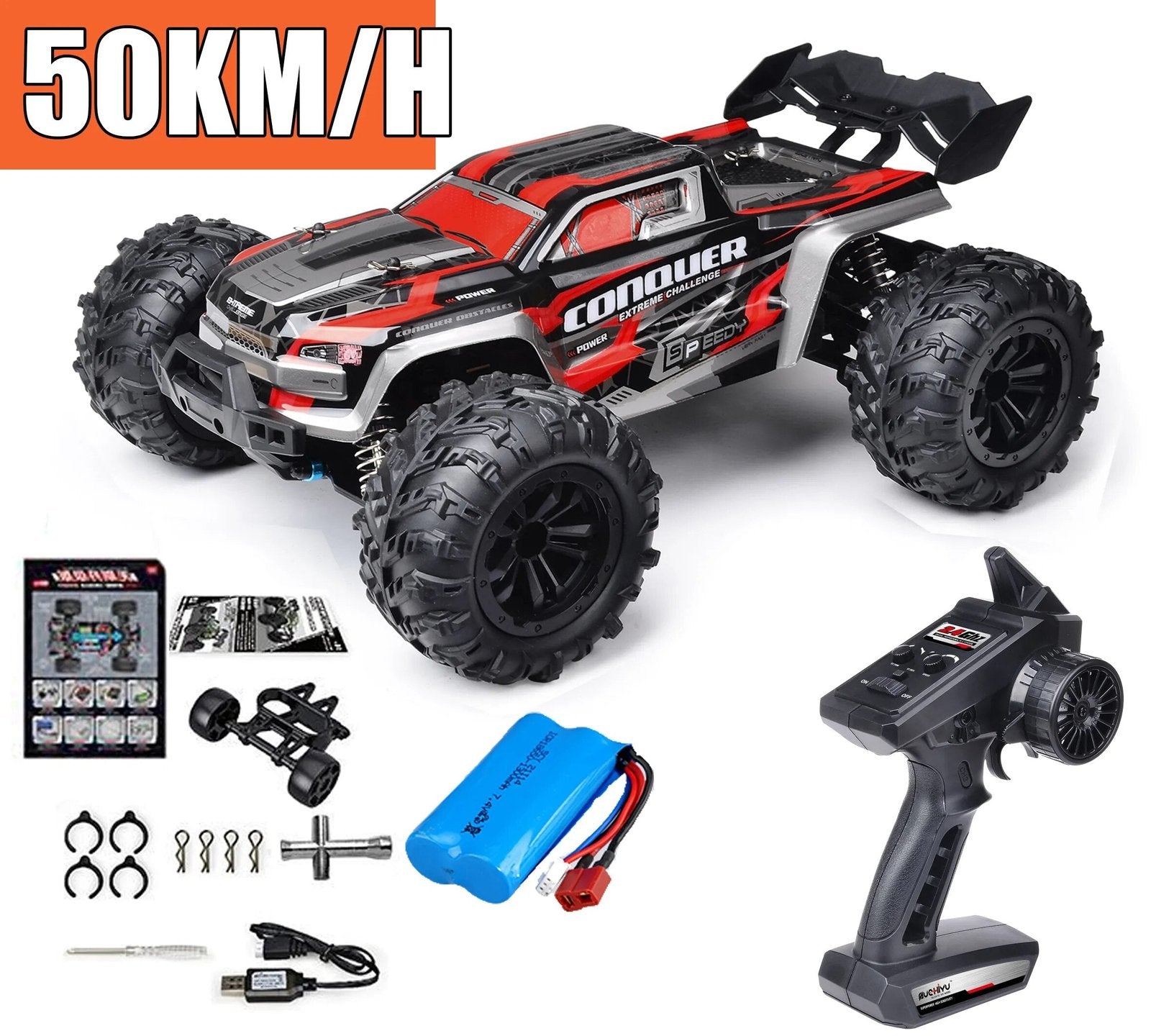 LED 75KM/H RC Monster Truck with remote control, battery, and accessories ready for off-road night driving.