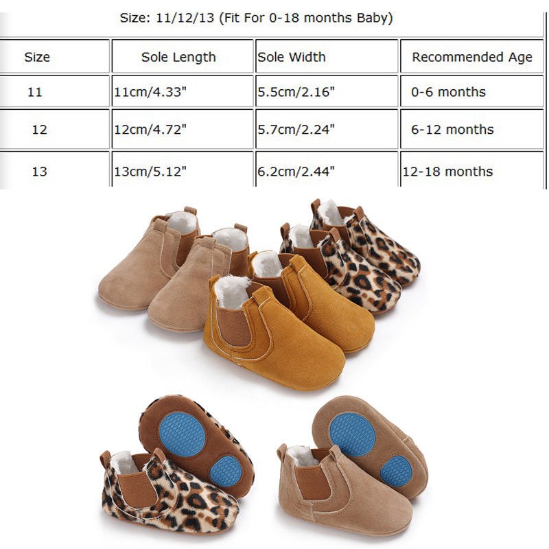 Baby shoes with size chart showing sole length, width, and recommended age for various sizes.
